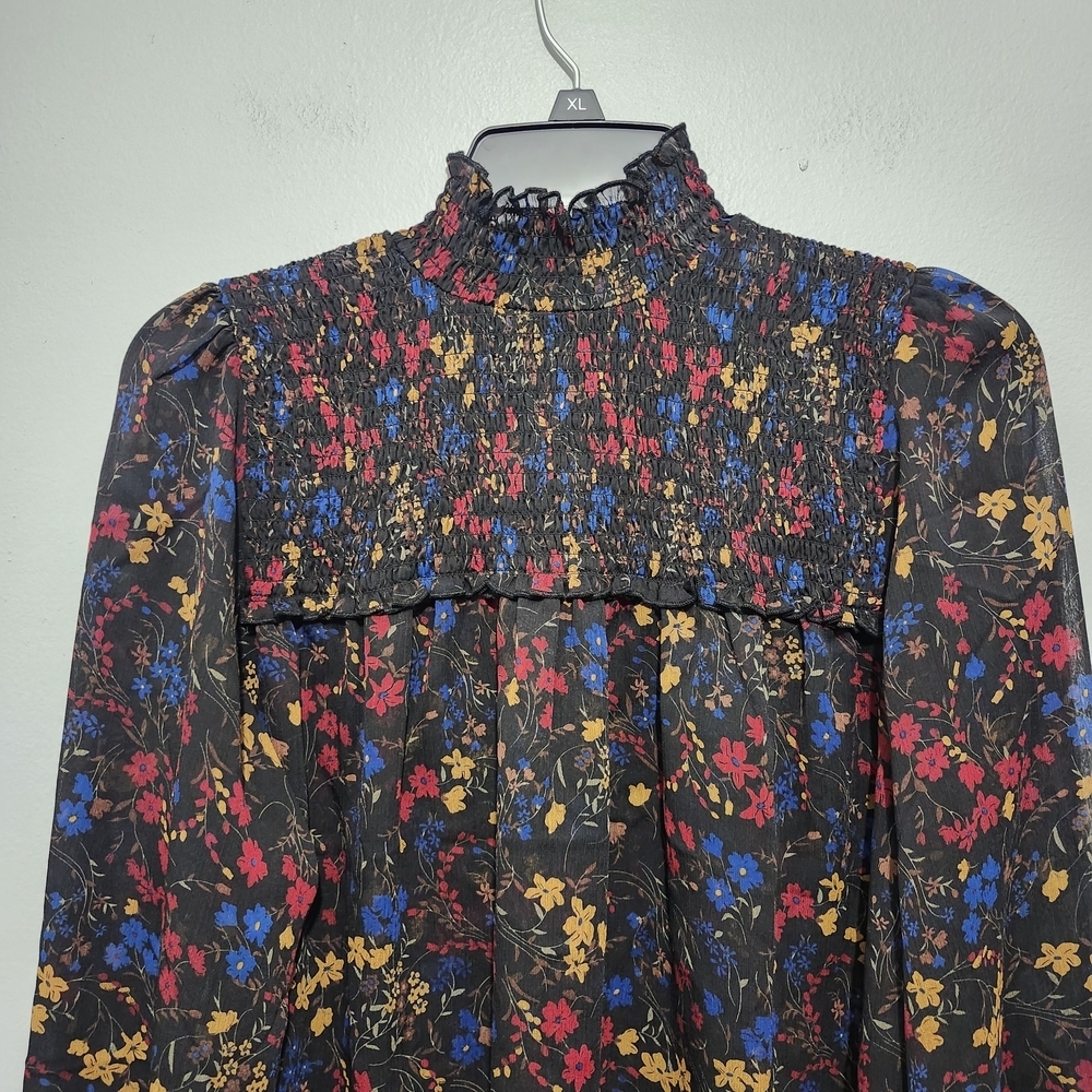 Laundry By Shelli Segal Floral Smocked Blouse - Black, Red, Blue, Yellow Size S - Picture 2 of 7
